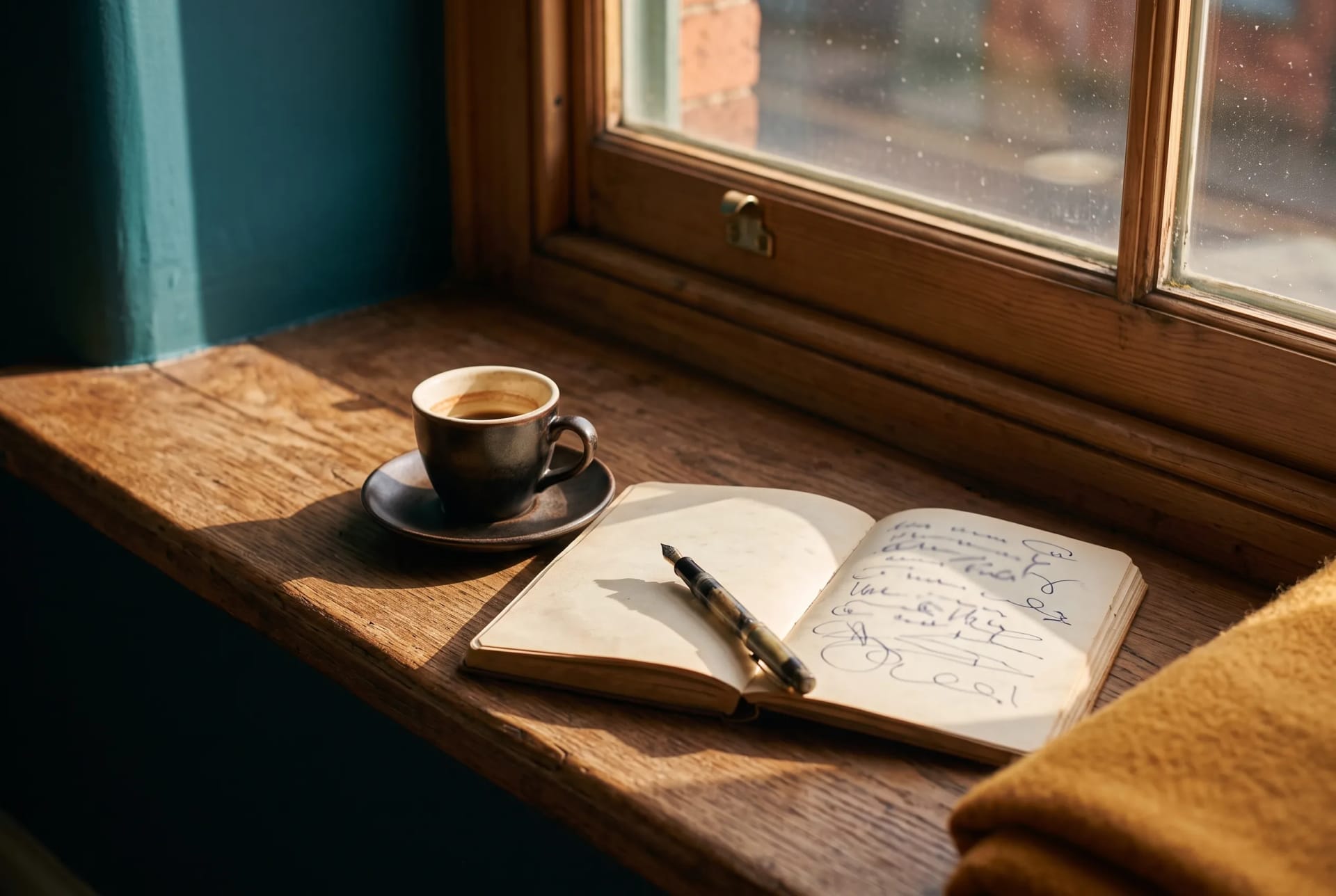 A small cup of coffee and an open journal in the sunlit window of the Bright Hour Therapy studio in Manchester