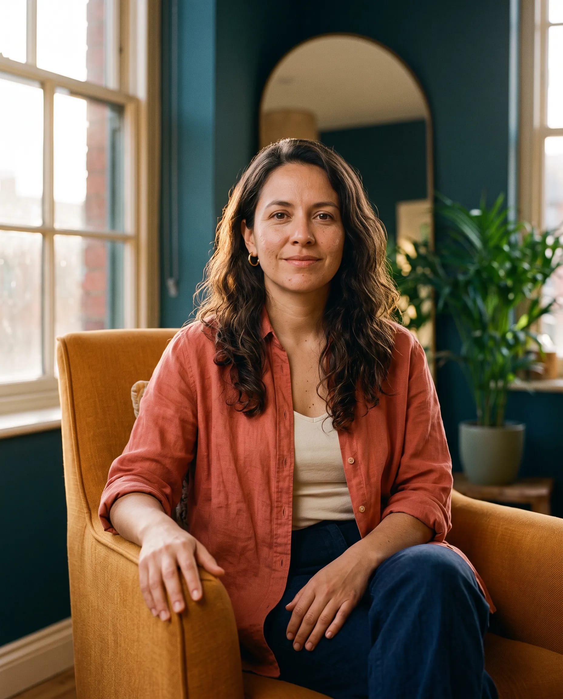 Valentina Reyes, integrative therapist, seated in her Ancoats studio in Manchester, direct and steady