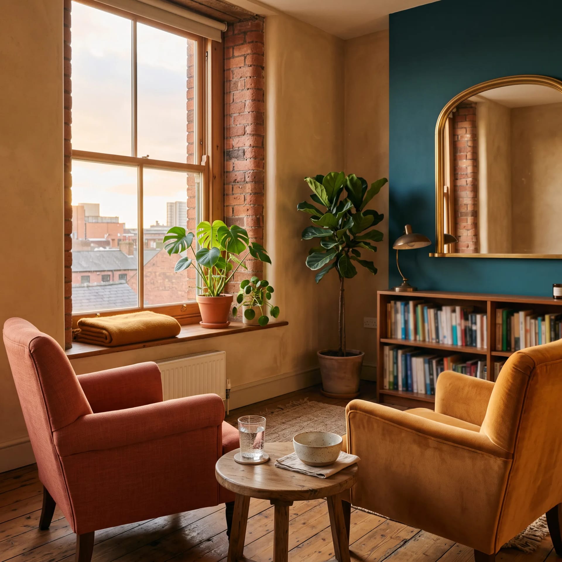 The Bright Hour Therapy room in Ancoats, Manchester, two chairs angled together in warm afternoon light