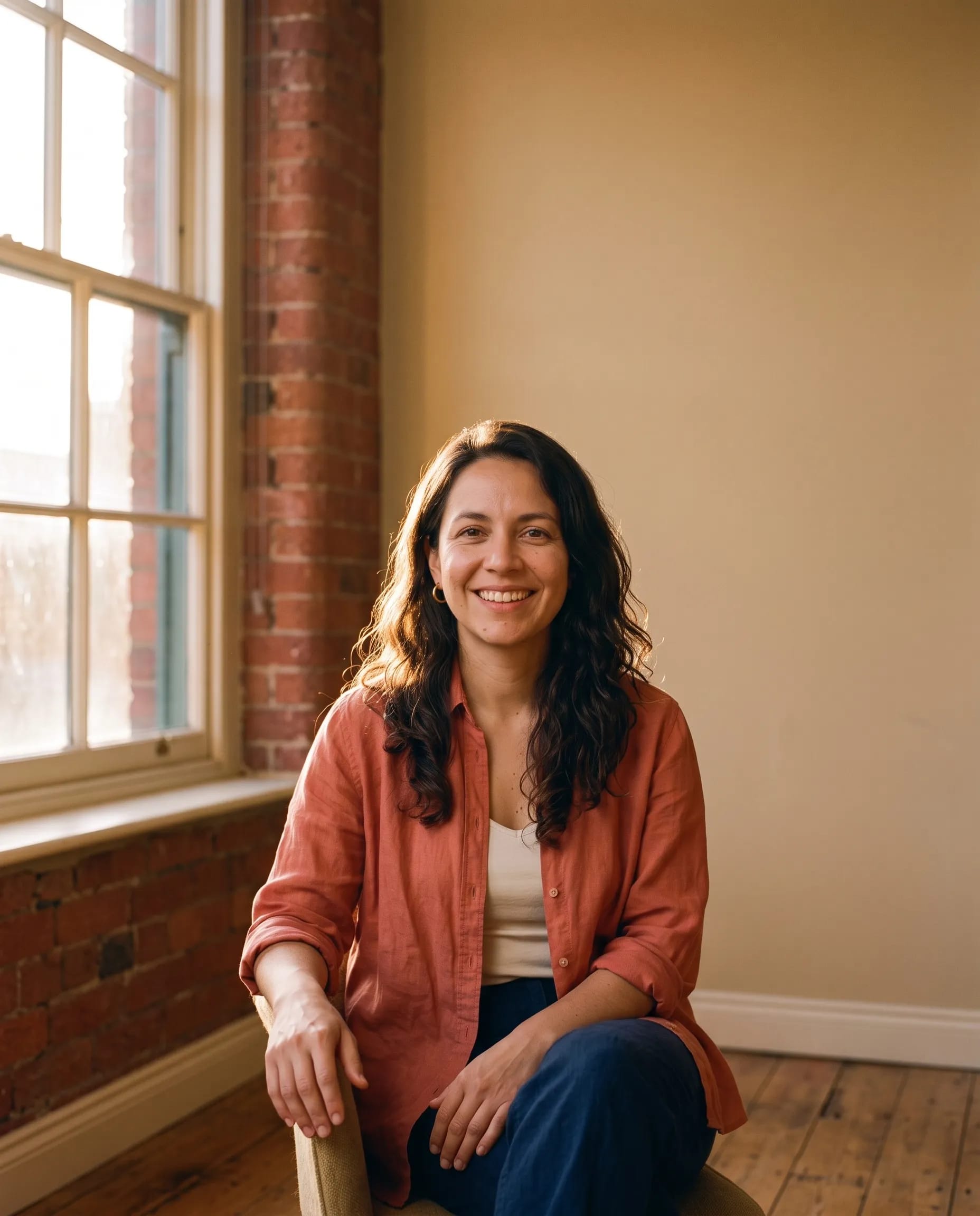 Valentina Reyes, integrative therapist, in warm golden-hour light at the Bright Hour Therapy studio in Ancoats, Manchester