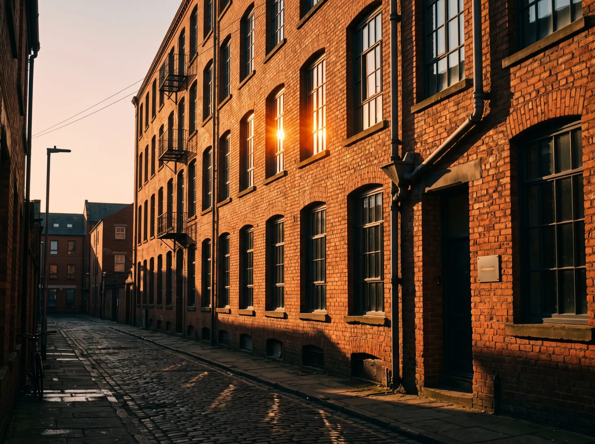 Golden-hour light on the red brick of Blossom Street in Ancoats, Manchester, near the Bright Hour Therapy studio