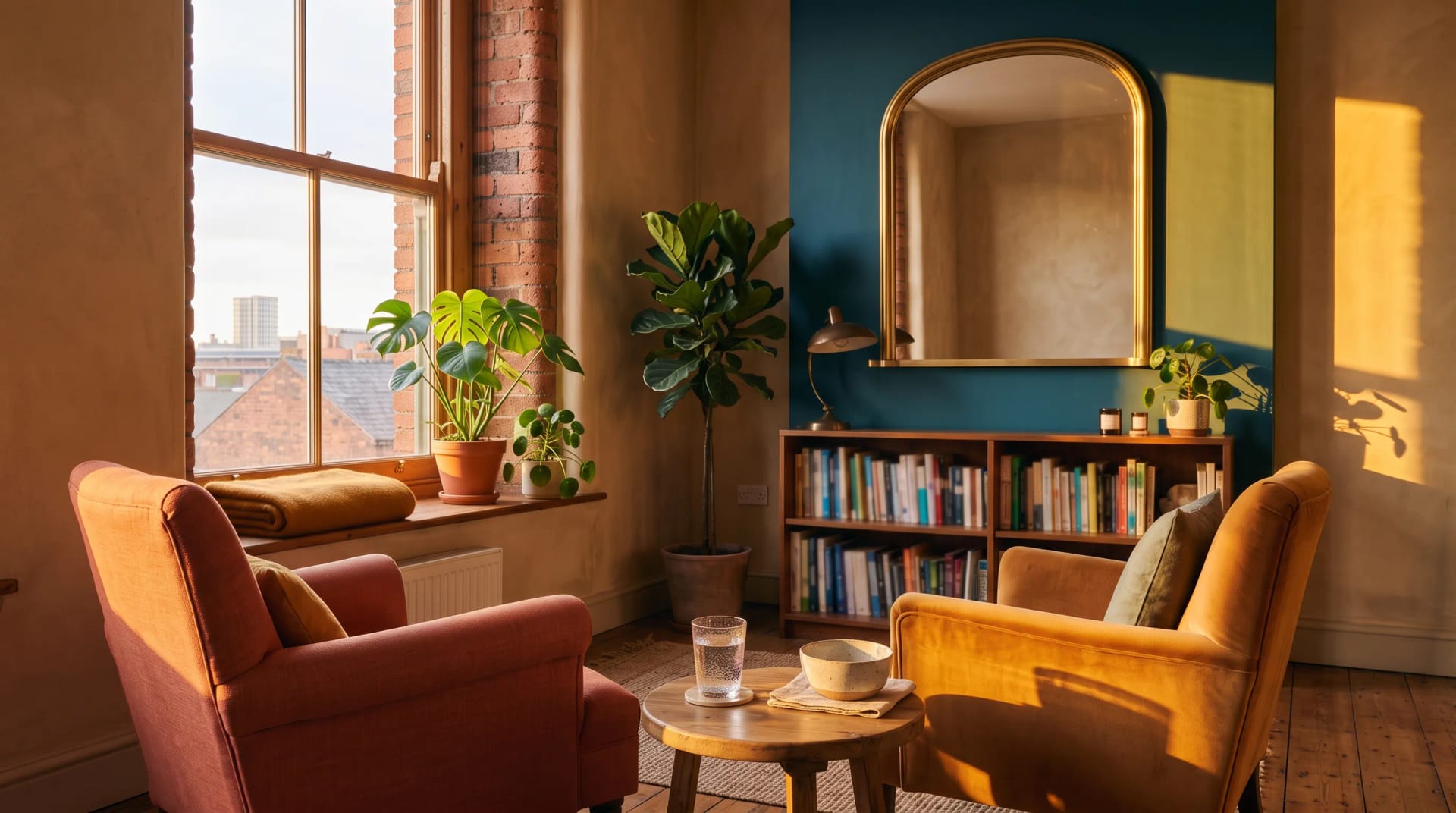 Warm golden light across the Bright Hour Therapy room in Ancoats, Manchester, set up for a session