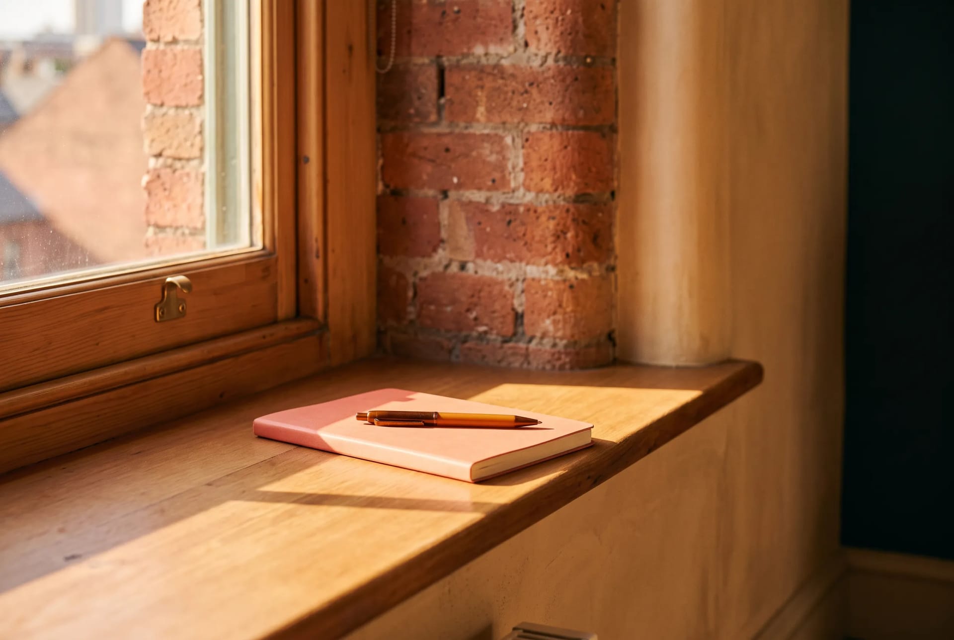 A notebook and pen on the sunlit window ledge of the Bright Hour Therapy studio in Manchester