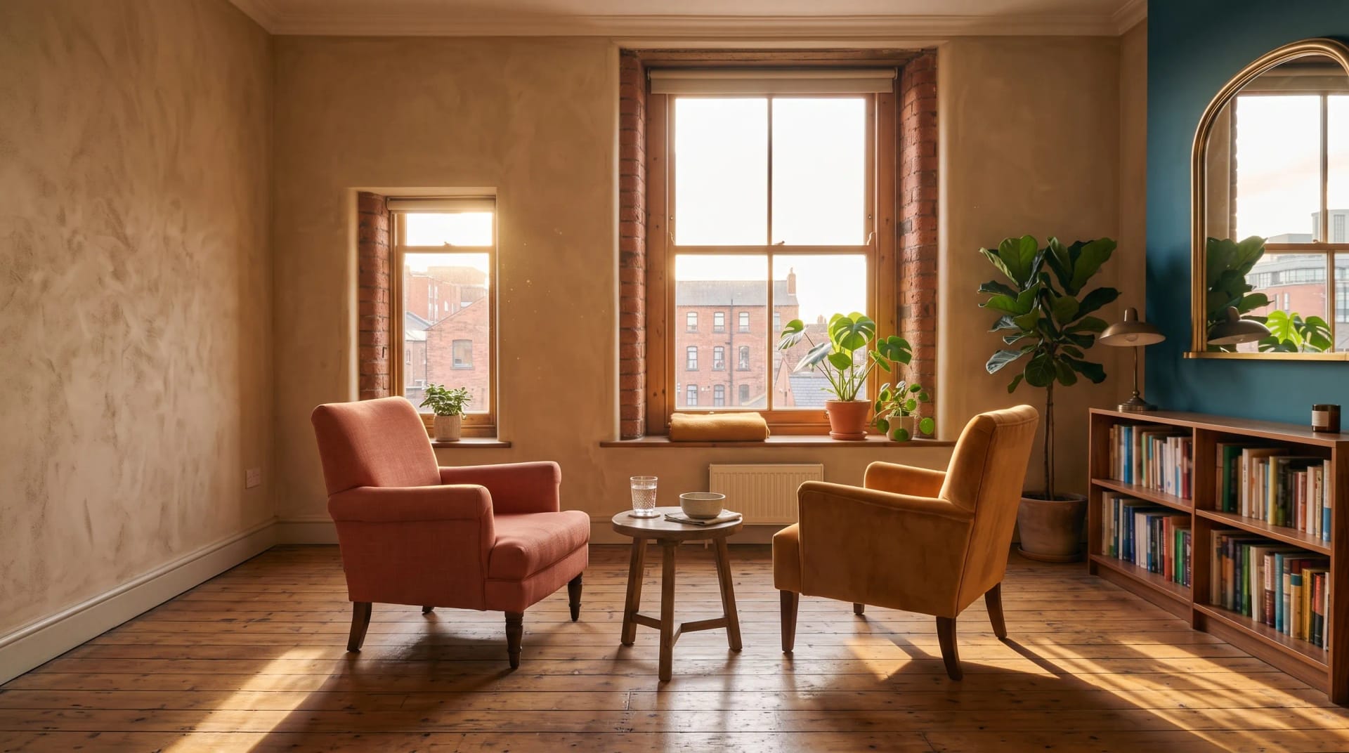 Two chairs angled together in warm afternoon light at the Bright Hour Therapy studio in Ancoats, Manchester