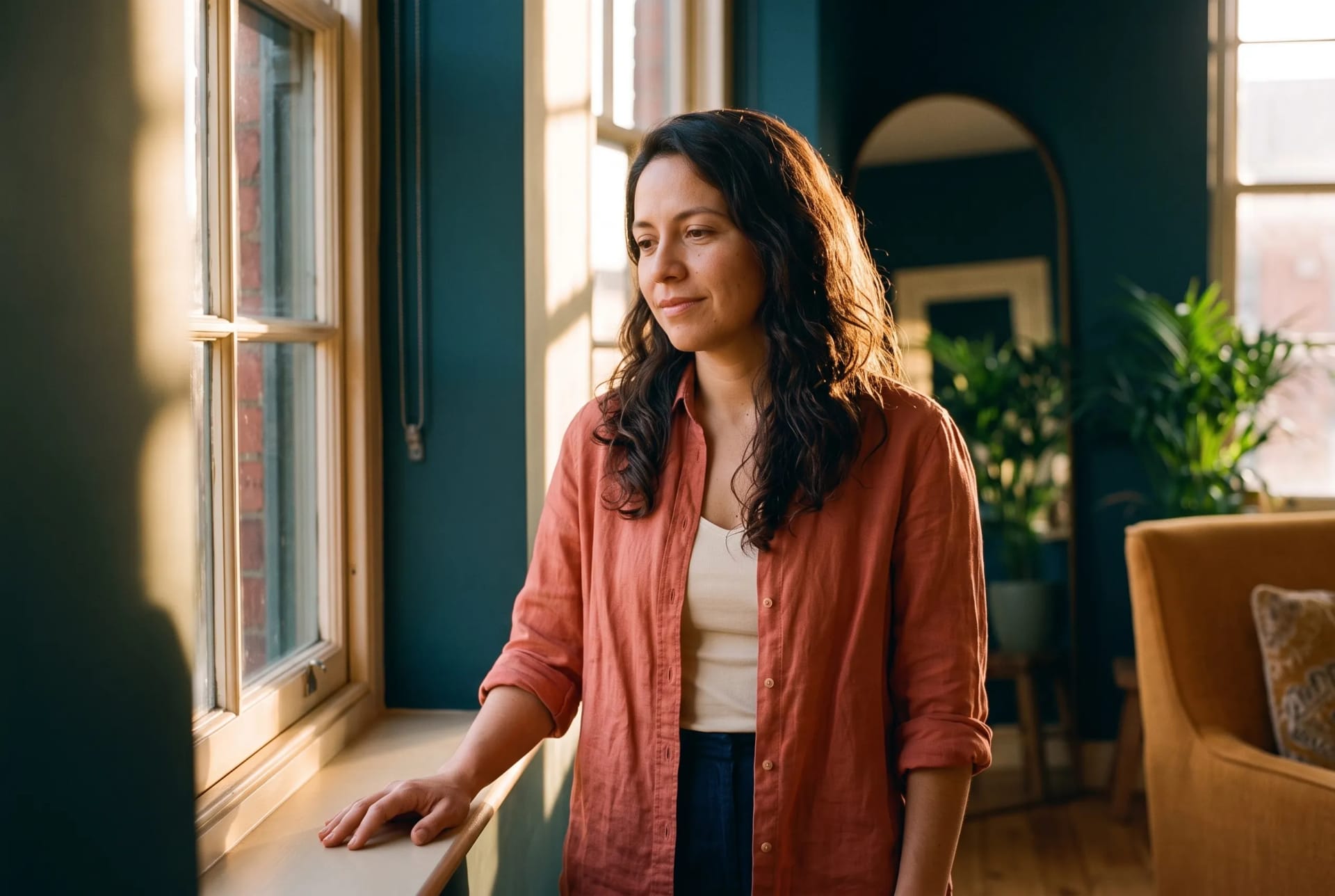 Valentina Reyes, integrative therapist, standing at the window of her Manchester studio in golden evening light